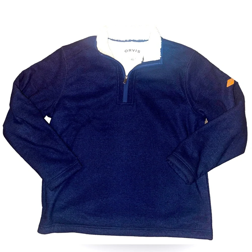 Orvis Sherpa Fleece Lined 1/4 Zip Pullover with Pockets Blue & White Size Large - Picture 11 of 12